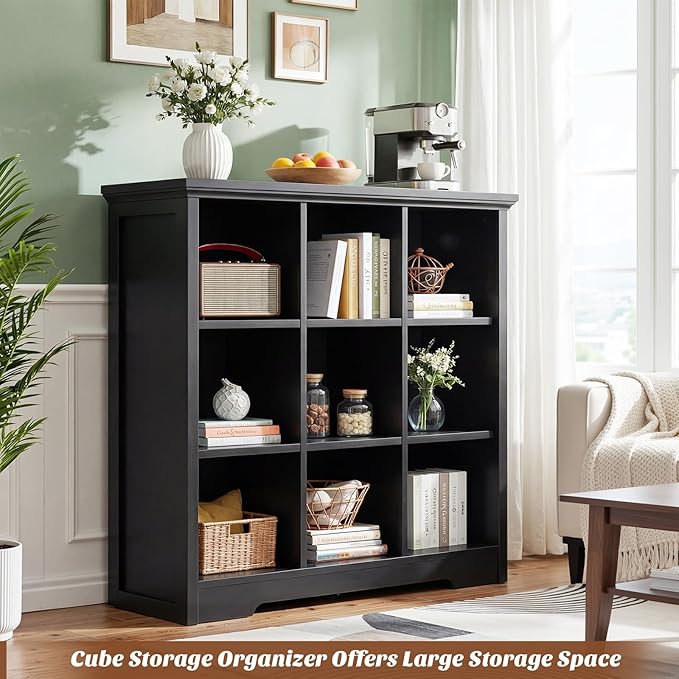 Aheaplus Wooden 9-Cube Storage Organizer with Charging Ports, Modern Cube Bookcase with Base, 4-Tier Floor Standing Open Cubb