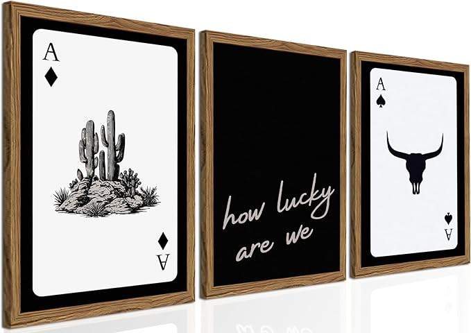 Western Wall Art Set of 3, Southwestern Cowboy Playing Card Wall Decor, Longhorn Bull Skull and How Lucky are We Poster Canva