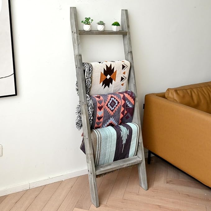 FUIN 5ft (58") Wood Blanket Ladder Living Room Decorative Wall Leaning Farmhouse Quilt Display Holder Shelf Rustic Wooden Tow