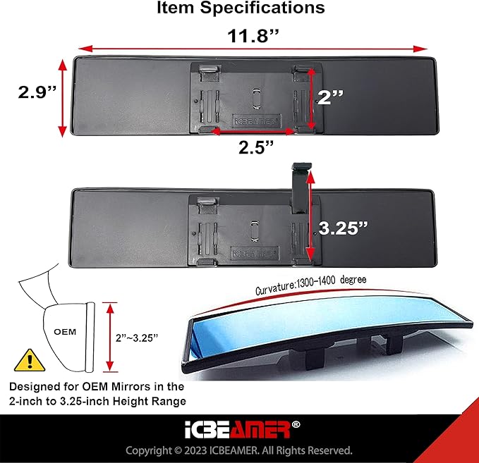 11.8" ICBEAMER Clip On Rear View Mirror | Convex Blue Tint Glass, Panoramic Wide Angle HD Glass, Anti Glare, Universal Fit for Car, SUV, Truck | Eliminates Blind Spots (1 Pack)