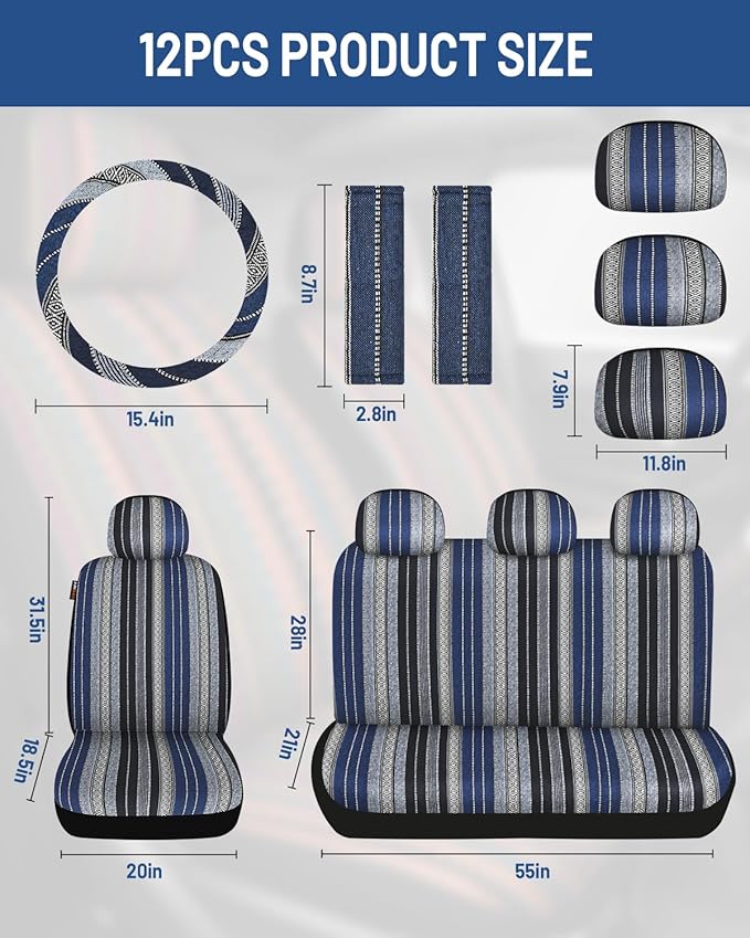 Baja Saddle Blanket Car Seat Covers Full Set with Seat Belt Pads and Steering Wheel Cover, Washable Breathable Striped Woven 