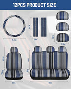 Baja Saddle Blanket Car Seat Covers Full Set with Seat Belt Pads and Steering Wheel Cover, Washable Breathable Striped Woven 