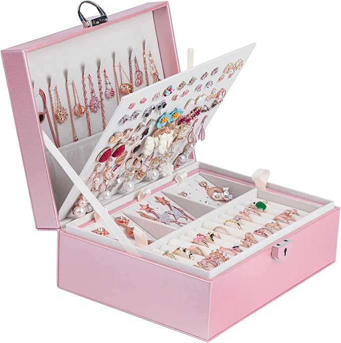 BOOVO Earring Jewelry Box For Women Girl Stud Organizer, 4 Layers Girl Jewelry Organizer Box With Lock Earring Holder Organiz