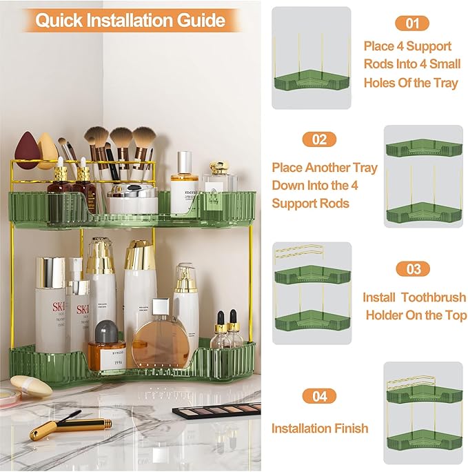 SUNZOS Bathroom Counter Organizer, Corner Vanity Cosmetic Storage with Makeup Brush Holder, Countertop Organizers for Dresser