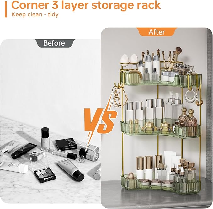 3-Tier Corner Bathroom Counter Organizer，Makeup & Skincare Shelf with Built-in Brush Holder，Space-Saving Bathroom Countertop 