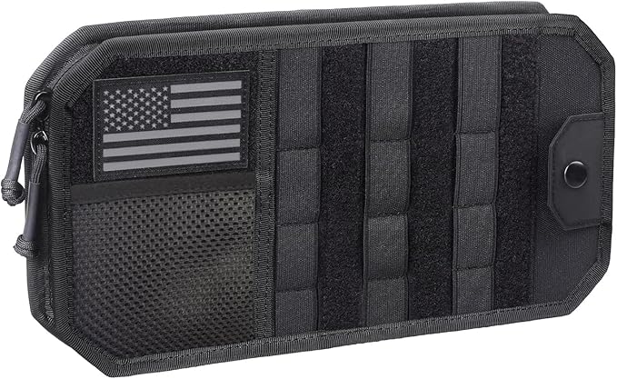 Tactical Molle Car Sun Visor Organizer – Semi-Rigid Storage Panel with Zipper Pouch & Glasses Clip, Universal Organizer for Cards, Pens & Tactical Gear, Fits All Cars, SUVs, Trucks