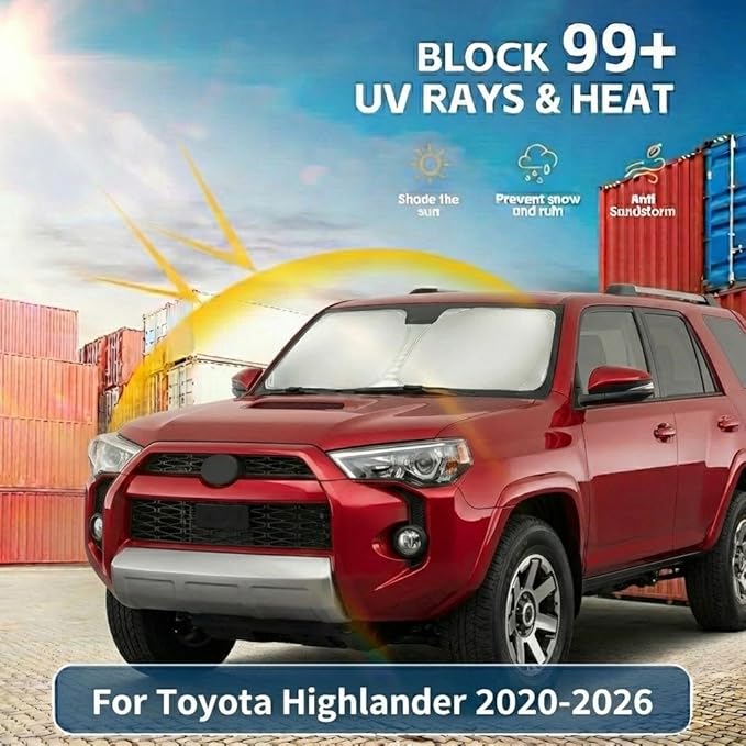 Windshield Sun Shade for Toyota Highlander 2020-2025 2026 Front Window Shade Custom Fit Highlander L LE XLE Limited Platinum Sun Visor Foldable Shade Blocks UV Rays Summer Must Have Accessories