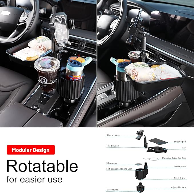 Car Large Cup Holder Expander, 4-in-1 Cupholder Extender with Phone Holder & Swivel and Detachable Snack Food Tray Table for 