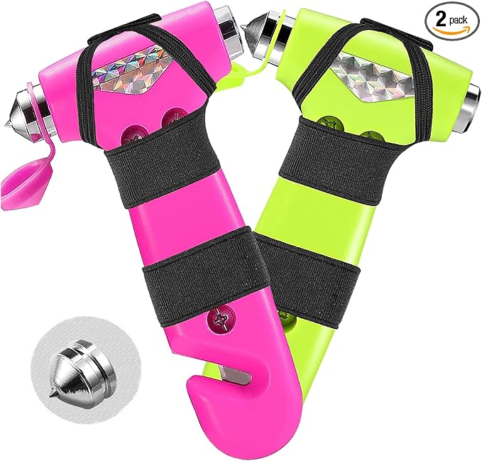 2 Pack Car Safety Hammer, 3-in-1 Emergency Escape Tool Window Breaker and Seat Belt Cutter with Light Reflective Tape for Fam