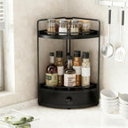 2-Tier Corner Bathroom Counter Organizer with Drawer & Embedded Screw Holes - Wooden Countertop Organizers for Skincare, Make