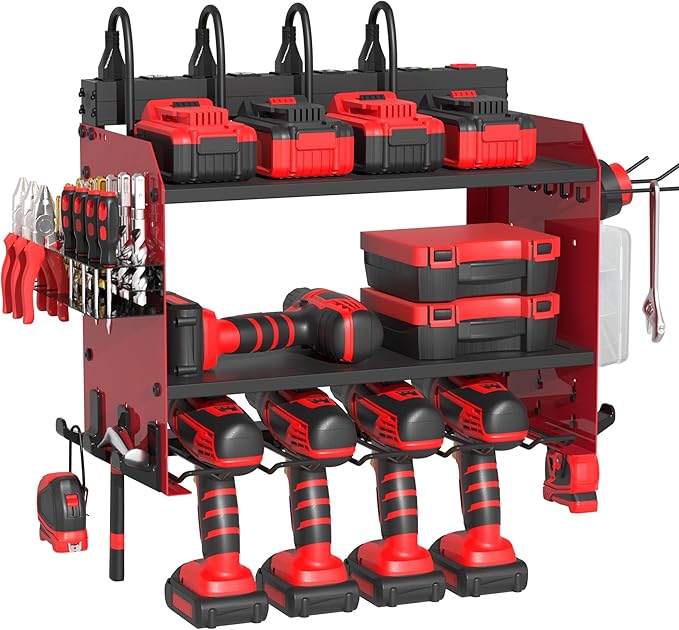 Power Tool Organizer Wall Mount with Charging Station, Garage Storage Rack for Cordless Drill, Tool Battery, Bit and Screwdri