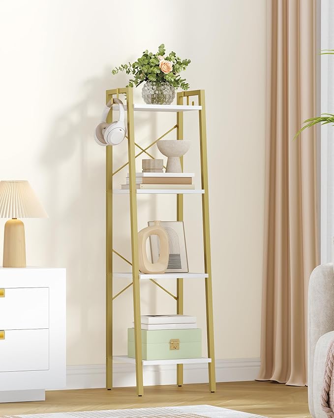 Hzuaneri Ladder Shelf, Bookshelf Bookcase, Freestanding Corner Storage Shelve with 2 Hooks for Home Office, Living Room, Kitc