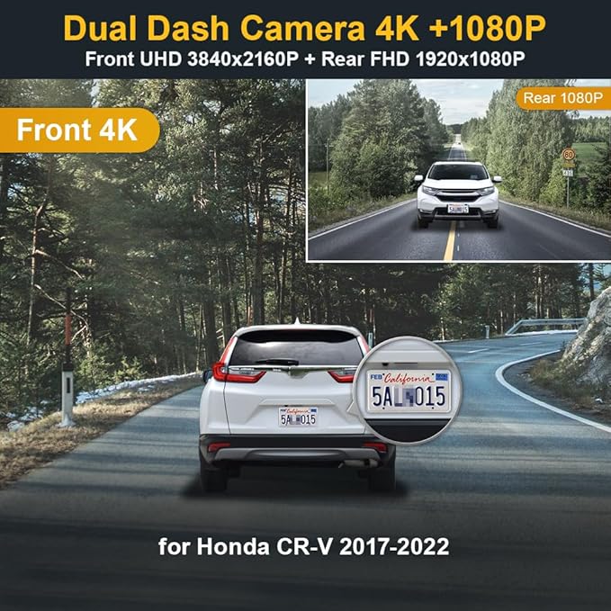 Fitcamx Front 4K+Rear 1080P Dash Cam Adapts for Honda CR-V 2017-2022 LX EX Touring EX-L (Gen5), OEM Look, Dual HD Video, Buil