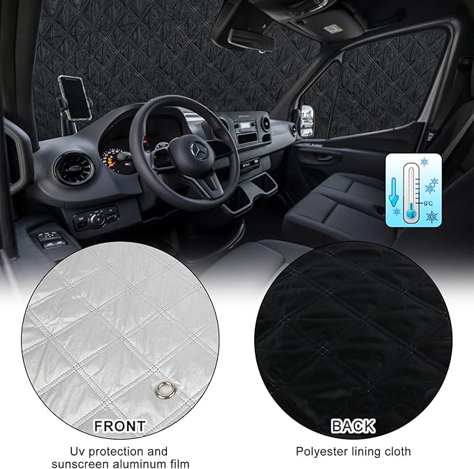 Mercedes Sprinter Sun Shade 7-Piece Set 2006-2019 | Full Cabin Thermal Insulation Kit for LWB Vans | UV Blocker + Privacy Covers (Front/Rear/Side Windows)