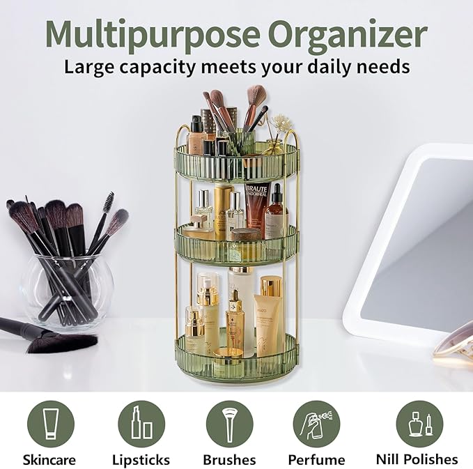 Asayuee 360 Rotating Makeup Organizer,3 Tier Large Capacity Make Up Organizers and Storage,Skincare Perfume Vanity Organizers