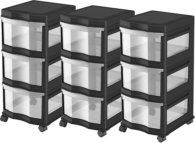 Life Story Classic 3 Shelf Storage Organizer Plastic Drawers, Black (3 Pack)