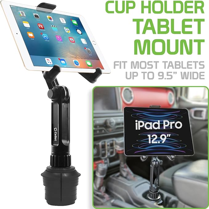 Cellet Universal Car Cup Holder Tablet Mount – Adjustable Gooseneck Stand for iPad, Galaxy, Kindle, Smartphones & More – Stable Base Fits Cup Holders 2.5"-4" for Front & Back Seat Use