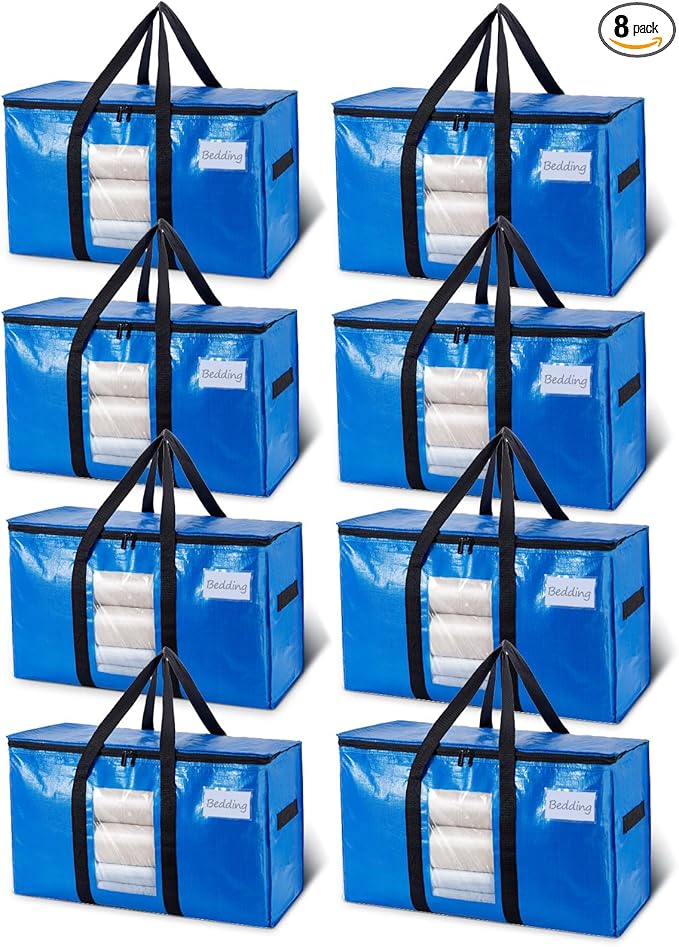 TAILI Extra Large Moving Bags, 8 Pack Blue Heavy Duty Totes For Storage with Visible Window, Wrap Around Handles, Storage Bag