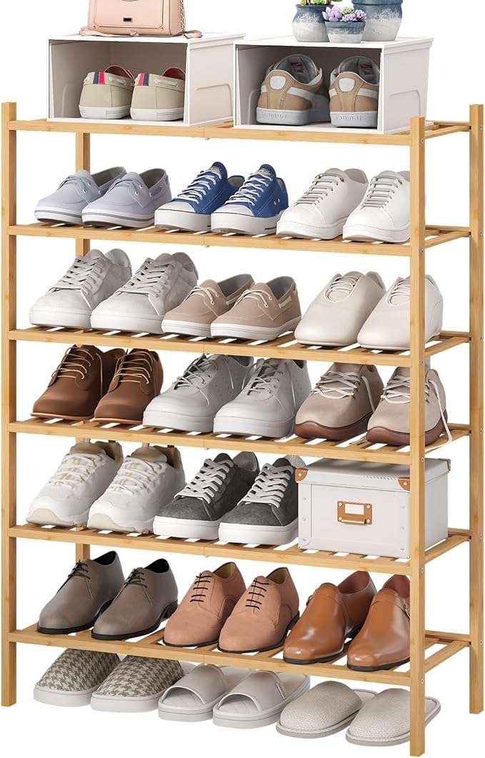 viewcare 6-Tier Bamboo Shoe Rack for Entryway, Stackable | Foldable | Natural, Shoe Organizer for Hallway Closet, Free Standi