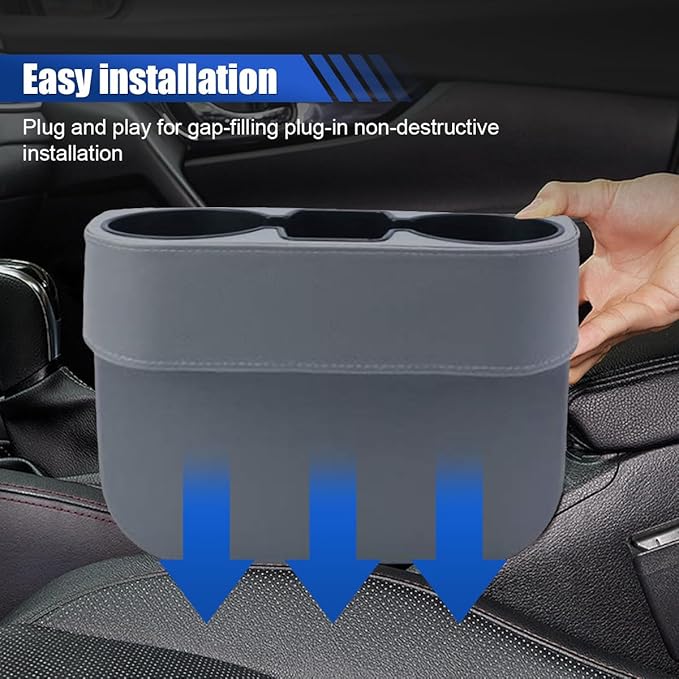 Car Cup Holder, Auto Front Seat Organizer, Multifunctional Cup Drink Holders with PU Leather Cover, Gap Filler Storage Box Coin Bucket Console Side Pocket Cell Mobile Phone Holder (Gray)