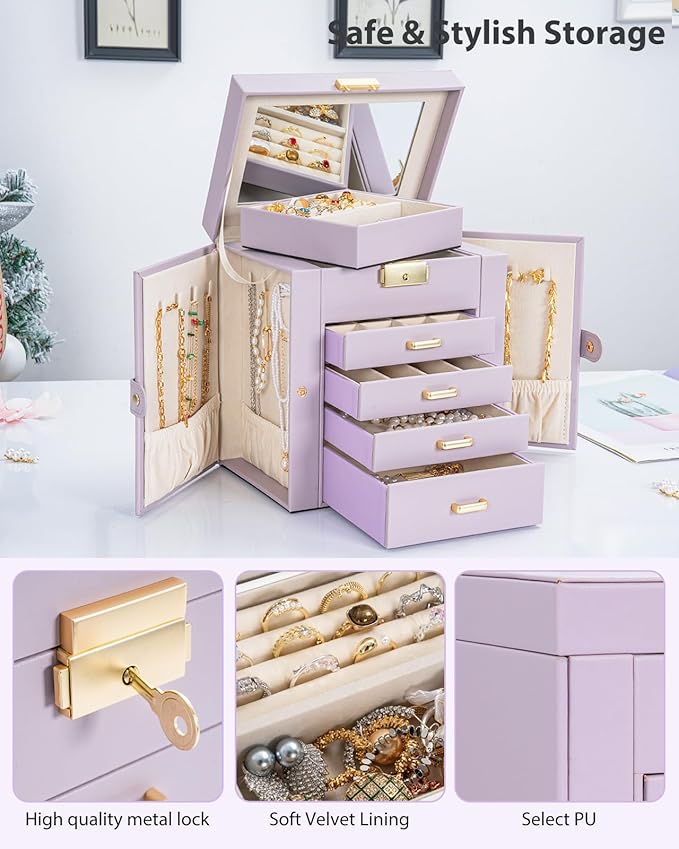 AKOZLIN 5-Tier Jewelry Box Leather Jewelry Storage Organizer with 4 Drawers Lockable for Women Girls Ring Necklace Earring Br