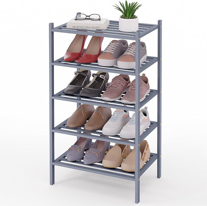Smiry Small Bamboo Shoe Rack 5-Tier, Stackable Wooden Shoe Organizer for Entryway & Closet, Free Standing Wood Shoe Storage S