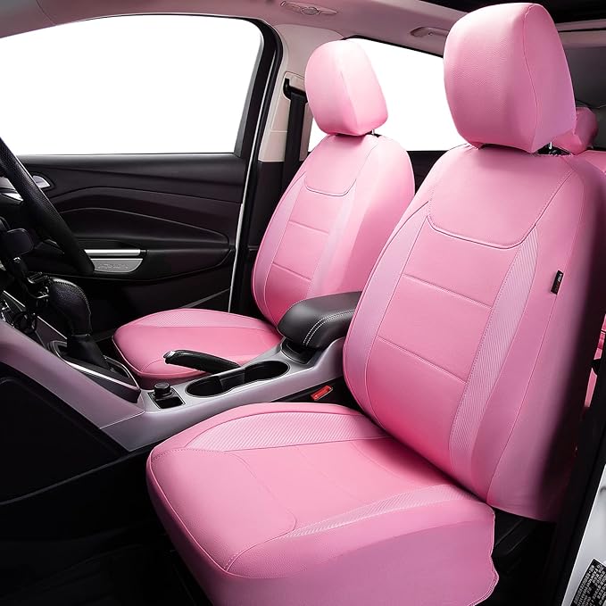 Flying Banner car seat Covers Protects Water Proof Faux Leather Carbon Fiber Fronts Rear Bench Covers (Pink Pink, Full Set - 