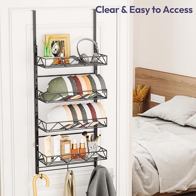 SWTYMIKI Over Door Hat Organizer - 5 Tier Wall Mounted Hat Rack with 4 Adjustable Metal Basket and 3 Hooks, Hanging Baseball 