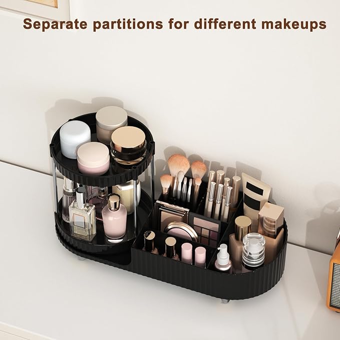 Makeup Organizer Countertop for Vanity with 360 Rotating Perfume Trays, 7-Compartment Skincare Organizers and Make Up Desk St