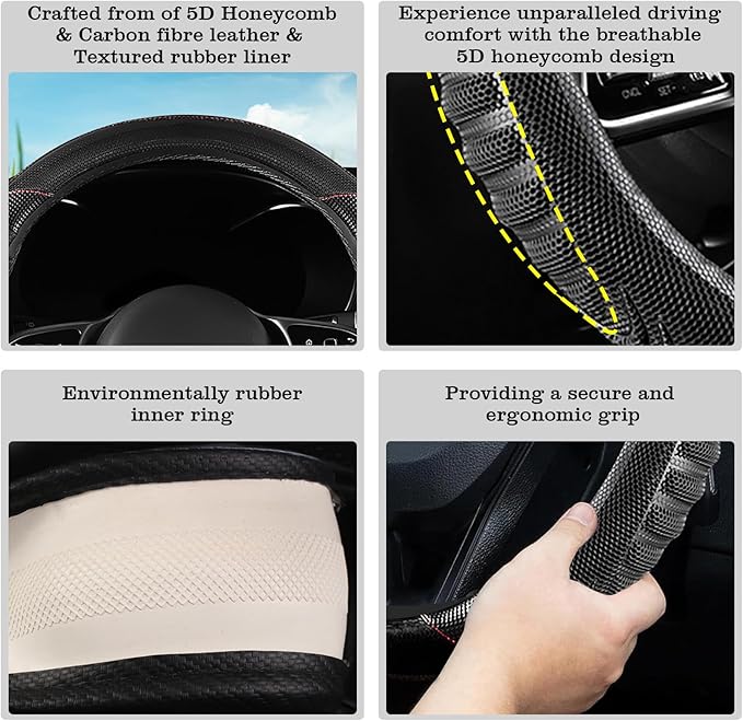 5D Honeycomb Black Car Steering Wheel Cover,14.5-15 Inch Universal Carbon Fibre Leather Covers Breathable Anti-Slip Odorless 