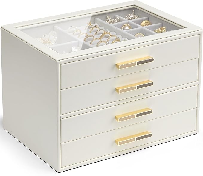 VLANDO 4 Layer Jewelry Box for Women, Glass Lid Jewelry Organizer with 4 Drawers for Necklaces Rings Earrings Bracelets - Clo