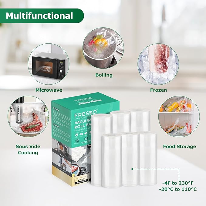 FRESKO Vacuum Sealer Bags Food Rolls 6 Packs - 8" x 20' & 11" x 20', Commercial Grade Seal a Meal Bags for Storage Food and S
