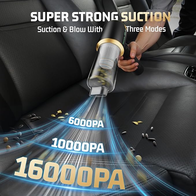 Cordless Car Vacuum Cleaner: Handheld Vacuum with 16000Pa Strong Suction, Brushless Motor & HEPA Filter, 7-in-1 Cleaning Kit,