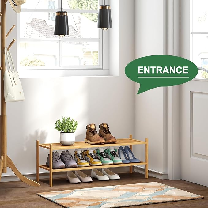 kiplant Long Shoe Rack, 2-Tier Bamboo Wood Shoe Rack, Stackable for Closet, Entryway & Hallway