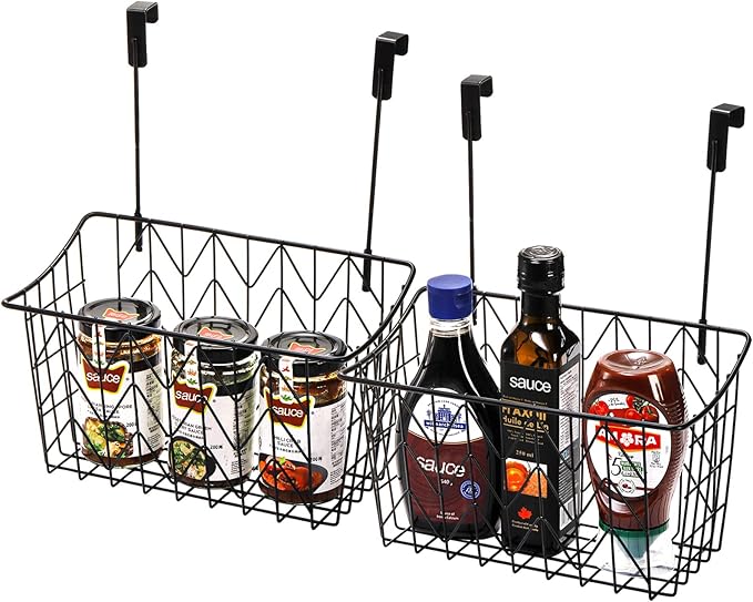 AVLA 2 Pack Over The Cabinet Door Organizer, Grid Storage Baskets with Hooks, Metal Wall Hanging Basket Holder Rack, Wire Kit