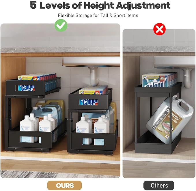 1 Pack 19IN Depth Under Sink Organizer, 2-Tier Pull Out Cabinet Organizer With Smooth Circular Rail, Large Capacity Metal Mes