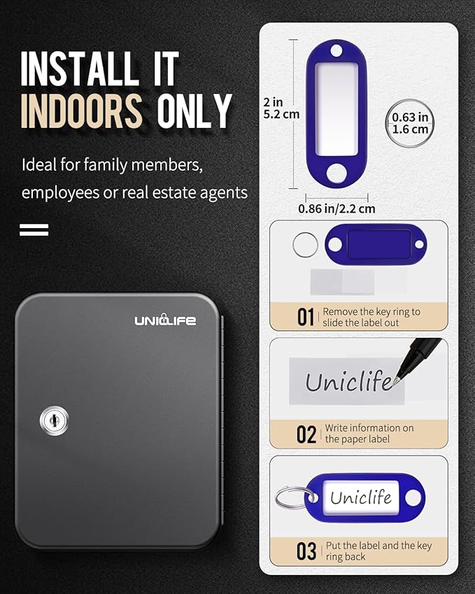 Uniclife 20 Position Key Cabinet with Key Lock Wall Mounted Black Security Storage Box Steel Key Organizer with Colorful Key 