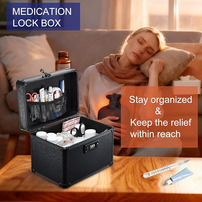 Lockable Security Storage Box - Shiny Black Safe Combination Lock Box, Cabinet Med Organizer, 10 x 7 x 9 Inches Safe Case for