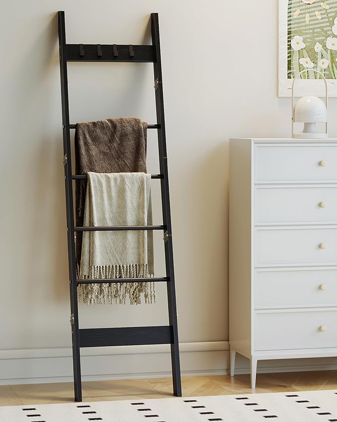 Hzuaneri Blanket Ladder for Living Room, Decorative Quilt Rack with 4 Removable Hooks, 6-Tier Farmhouse Ladder Holder Shelf O