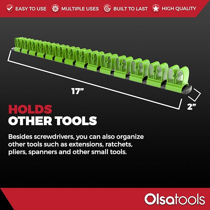 Olsa Tools Premium Wall-Mount Screwdriver Organizer - Black Nylon with Neon Green Clips - Holds 14 Screwdrivers - Part: 1031