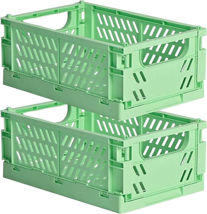 HUUSMOT 2-Pack Small Pastel Plastic Storage Baskets, Collapsible Crates for Organizing, Space-Saving Mini Bins for Classroom,