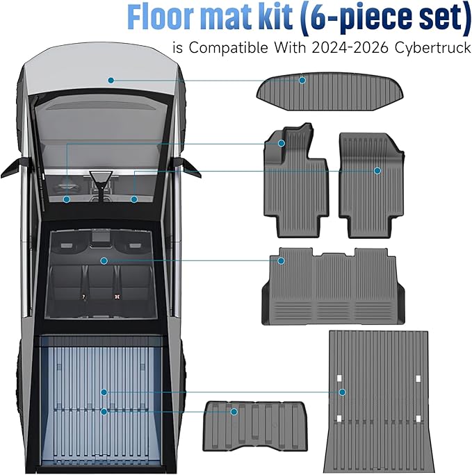 All-Weather TPE Floor Mats 6PCS -Compatible with Cybertruck 2024-2026, Full Coverage Cargo Liner & Frunk Mat Heavy-Duty Anti-Slip Interior Accessories