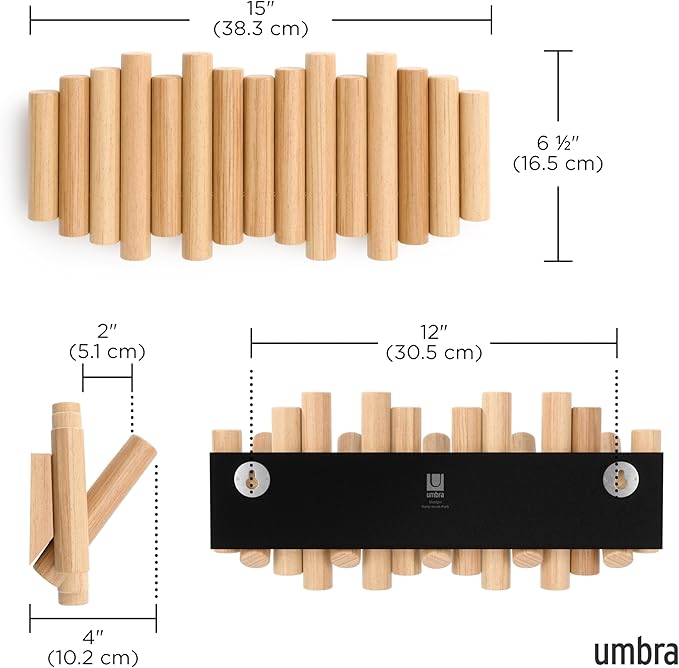 Umbra Picket Coat Rack Wall Mount – 5 Flip-Down Wood Coat Hooks, Modern & Functional Storage, Easy Install Wall Hooks, Natura