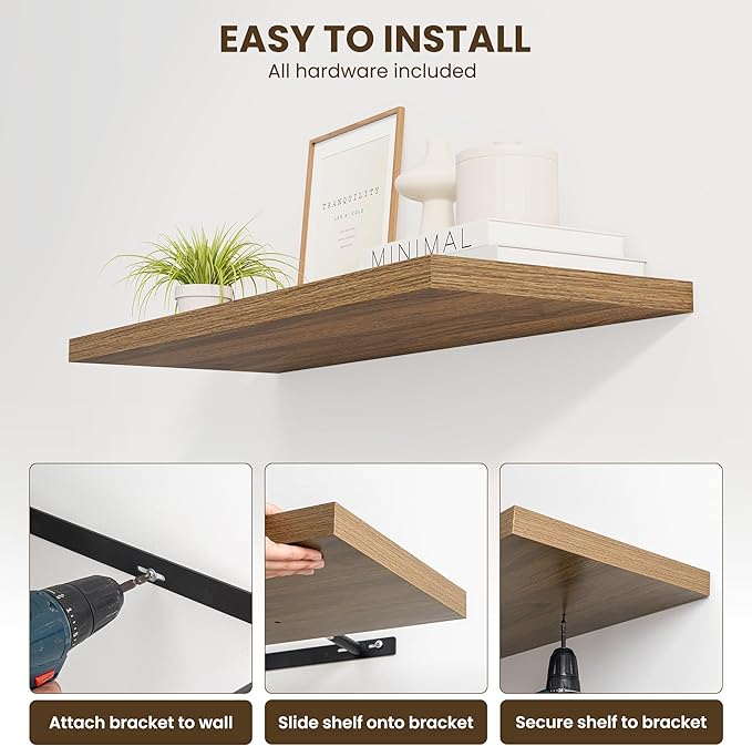 Dreamland 24" Floating Shelves for Wall, 12" Deep Slim Walnut Floating Shelves, Wall-Mounted Shelves for Bedroom, Living Room