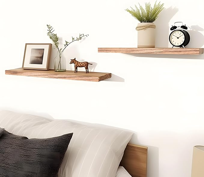 PHPH 24 Inch Wood Floating Shelves for Wall, Wooden Wall Shelves for Bedroom, Set of 4 Light Brown