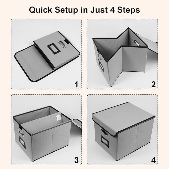 File Storage Box with Lid, 15.55x12.87x10.43 Inches, Foldable Organizer with Handles & Label Slot, for File Storage, Home, Of