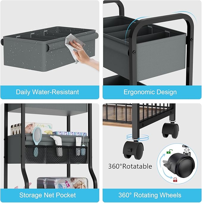 3-tier Baby Diaper Caddy Organizer and Storage Cart with 4+3 Dividers, Metal Utility Cart with Lockable Wheels for Nursery, B