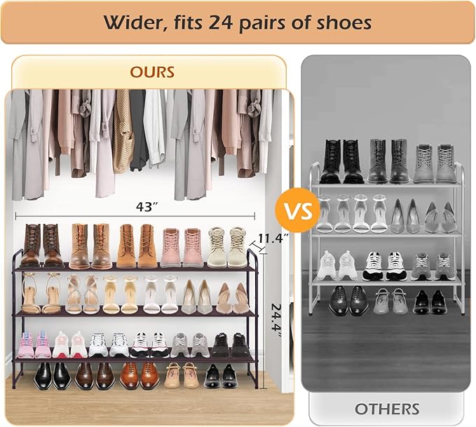 MISSLO Long 3 Tier Shoe Rack for Closet Shoe Organizer Storage Stackable Wide Shoe Shelf Holds 24 Pairs of Men Sneakers, Wome