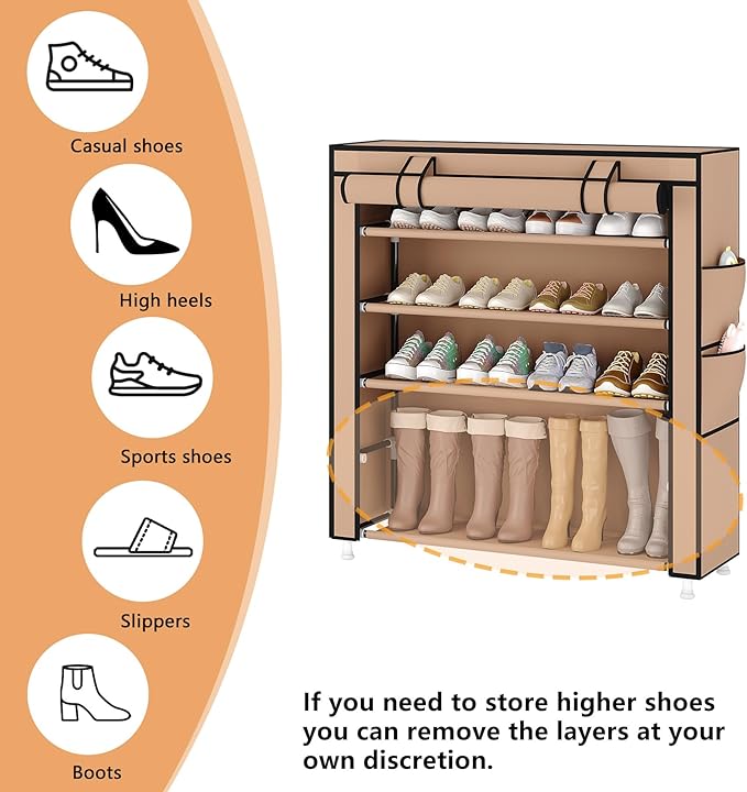 Laiensia 5-Tier Vertical Shoe Rack Organizer, Space Saving Shoe Storage Organizer, Non-Woven Cover Shoe Shelf Holds 20-25Pair