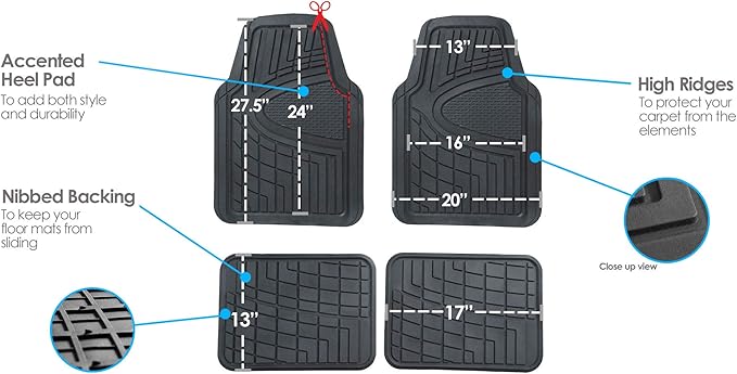 FH Group Premium Liners Tall Channel Trimmable All Weather Rubber Full Set Car Floor Mats (Black) w. Trimmable All-Season Cargo Liner (Black) - Universal Fit for Cars Trucks and SUVs